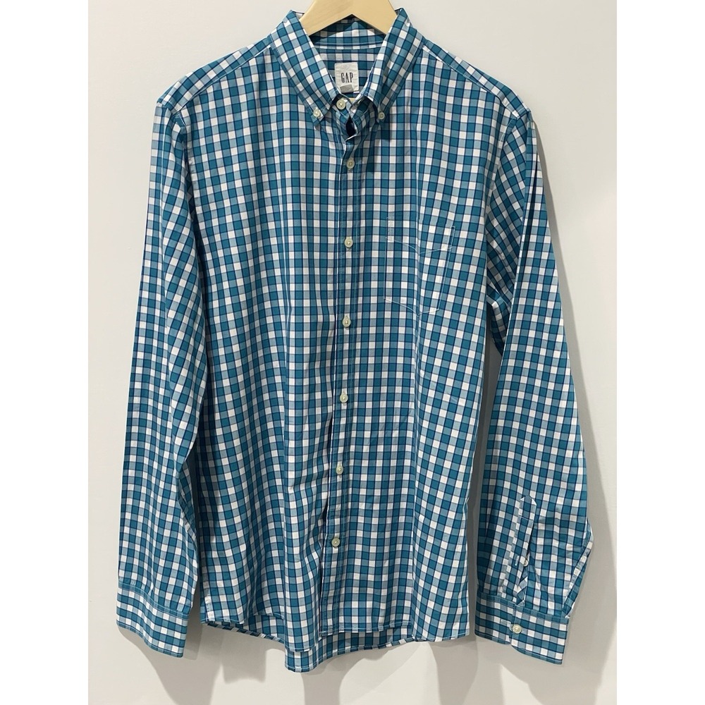 Gap Long Sleeve Shirt Mens‎ Large Teal Check Button Down Office Work Casual